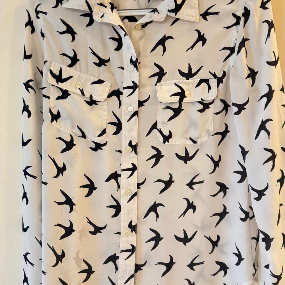 LOFT Black and White Bird Print Blouse